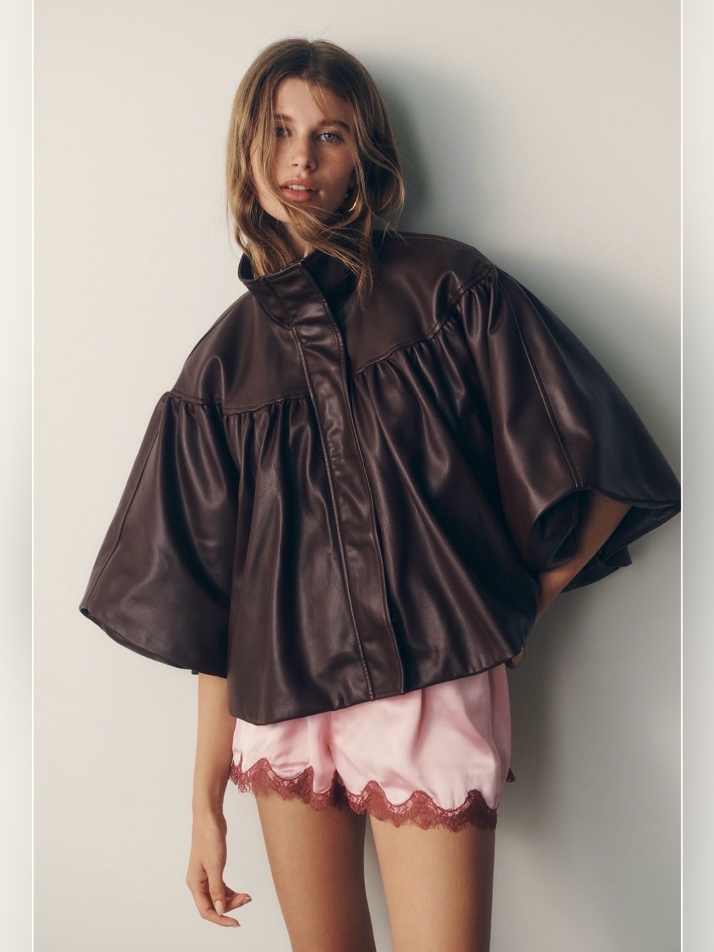 BY ANTHROPOLOGIE FAUX LEATHER FUNNEL NECK CAPE SWING JACKET - L/XL